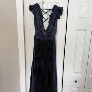 Lulus Exceptional Drama Navy Blue Satin Lace-up Pleated maxi dress
